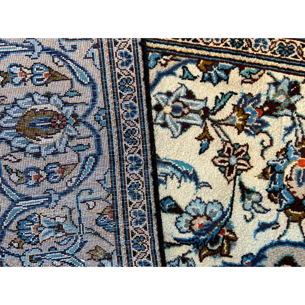 Keshan rug 294x194 cm close-up of the edge: blue ornament alternating with beige
