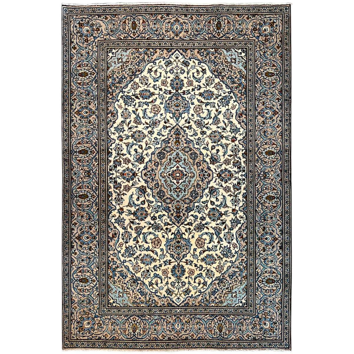 Keshan rug 294x194 cm with a blue-and-white ornamental pattern and dark border