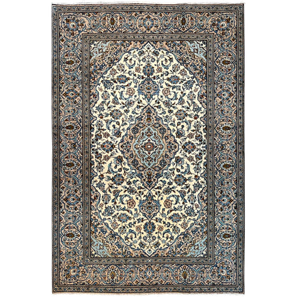 Keshan rug 294x194 cm with a blue-and-white ornamental pattern and dark border