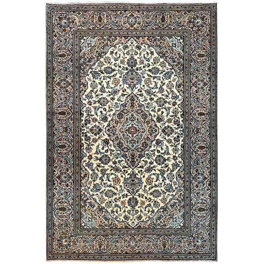 Keshan rug 294x194 cm with a blue-and-white ornamental pattern and dark border