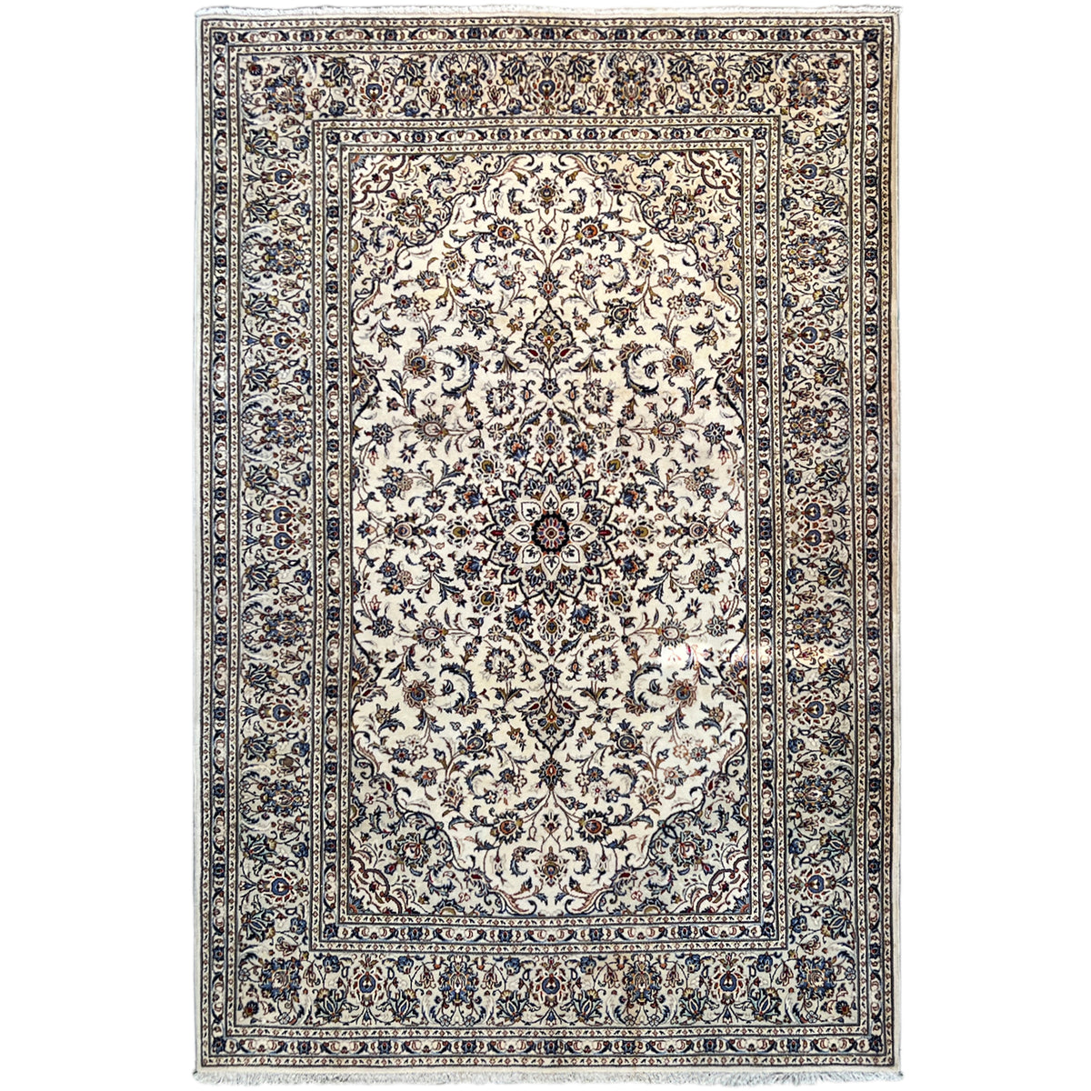Keshan rug with a light medallion and blue ornamental border pattern