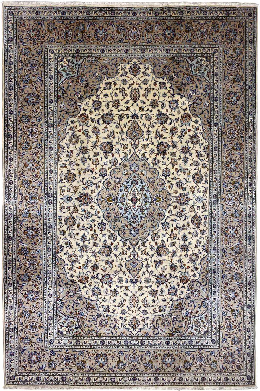 Portrait-oriented Oriental rug: centered white-beige ornamental medallion with a blue border design