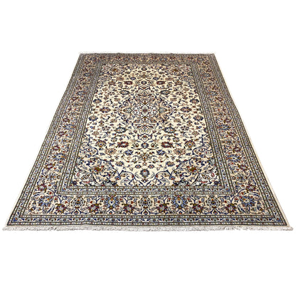 Rectangular rug with a cream-colored base, dark blue border, and ornaments