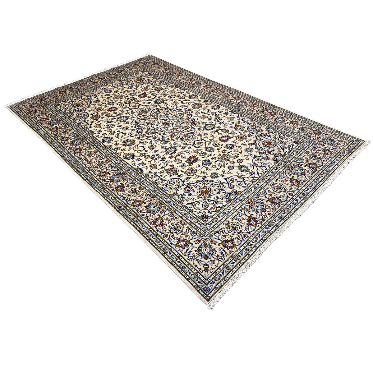 Corner view: Keshan rug with a cream-colored center and dark blue-brown border