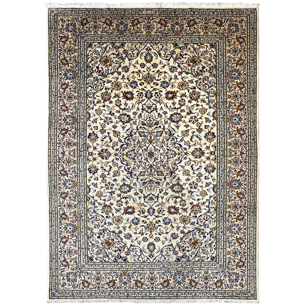 Rectangular Keshan rug: cream-colored base with a multicolored blue ornamental pattern