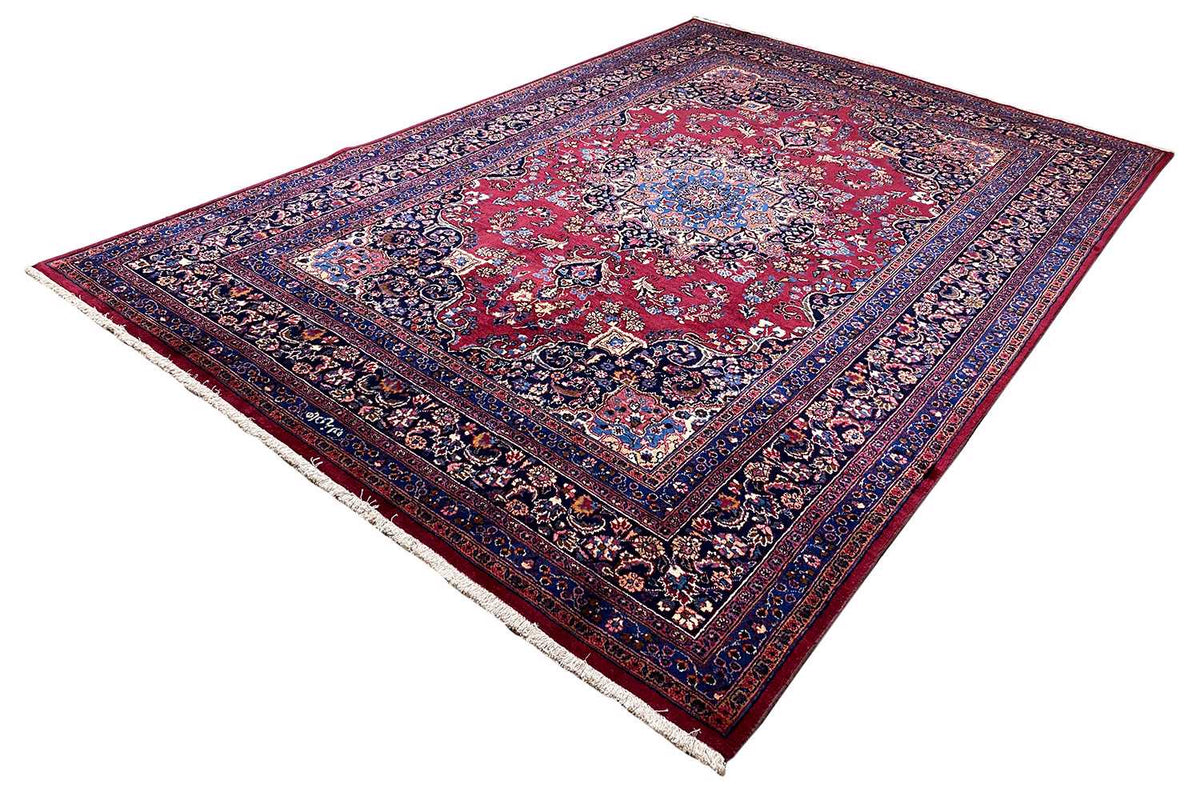 Oriental rug with a red patterned field and dark blue decorative border, 296×199 cm