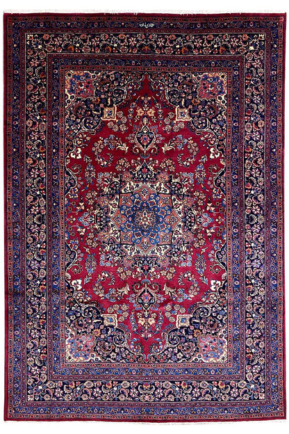 Oriental rug with a red pattern and blue border, 296×199 cm