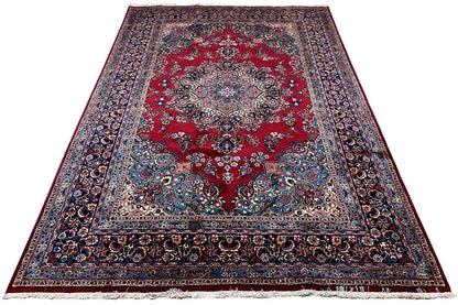 Khorasan rug (296x198 cm) viewed at an angle: red-and-blue patterned surface