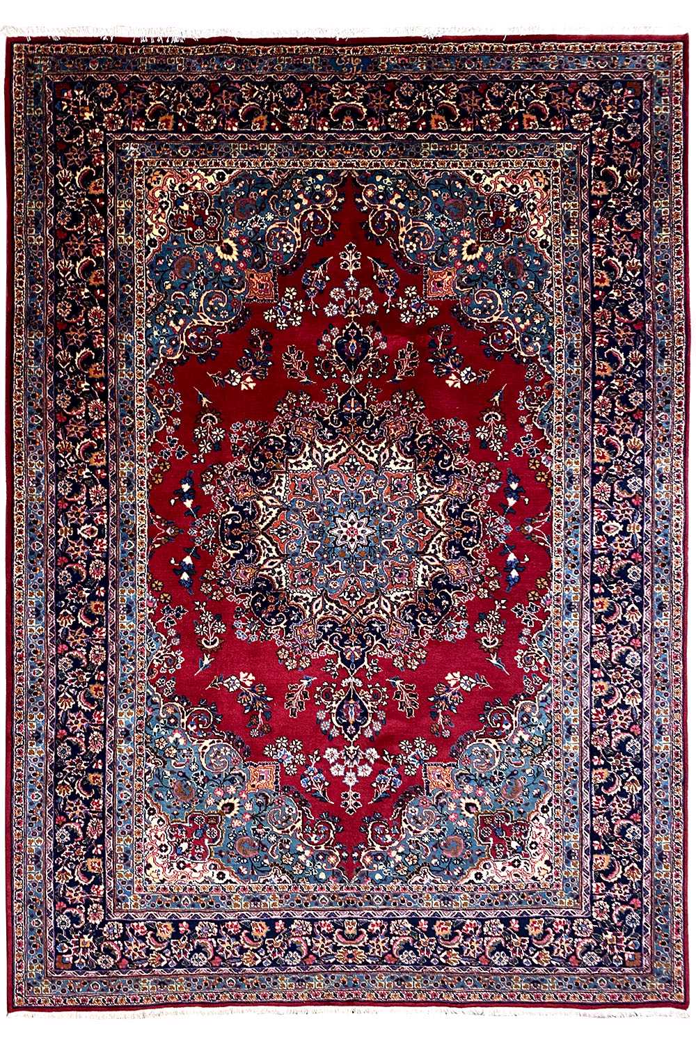 Khorasan rug (296x198 cm): red medallion with blue ornamental border
