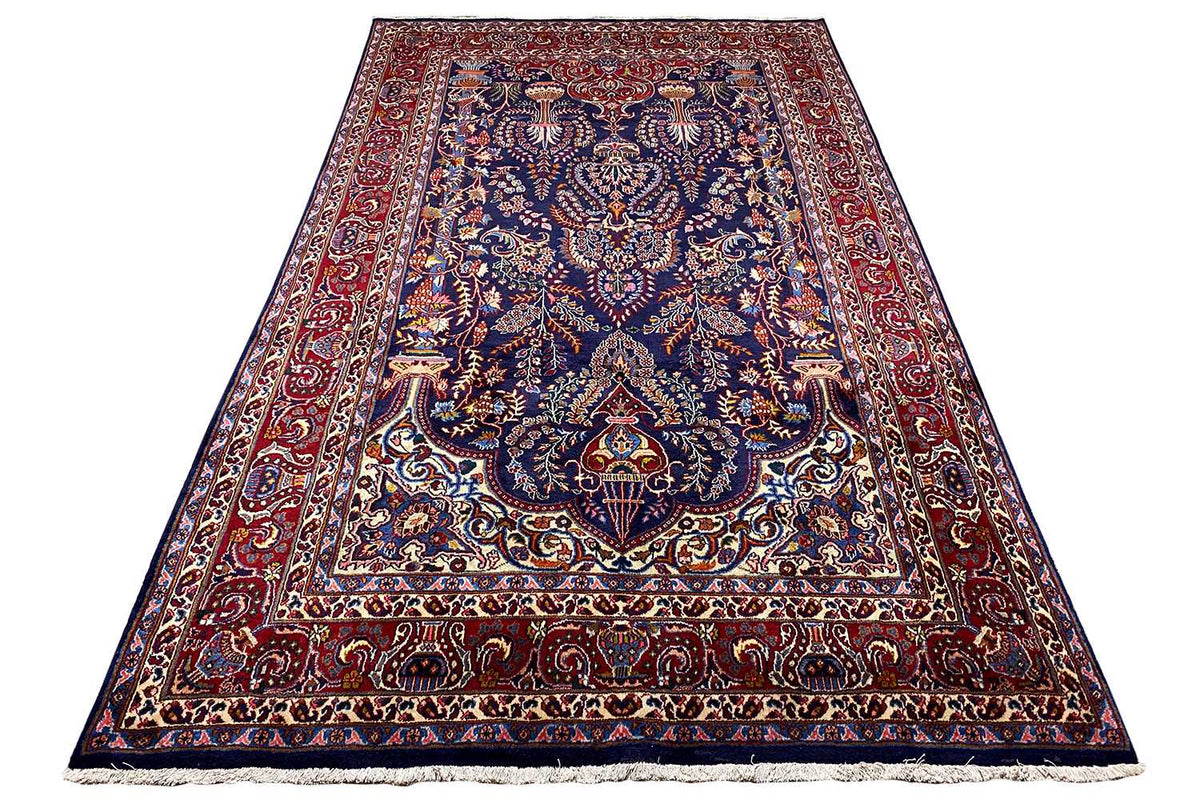 Rectangular Khorasan oriental rug, ornamental border, dark blue with red accents