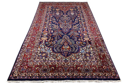 Rectangular Khorasan oriental rug, ornamental border, dark blue with red accents