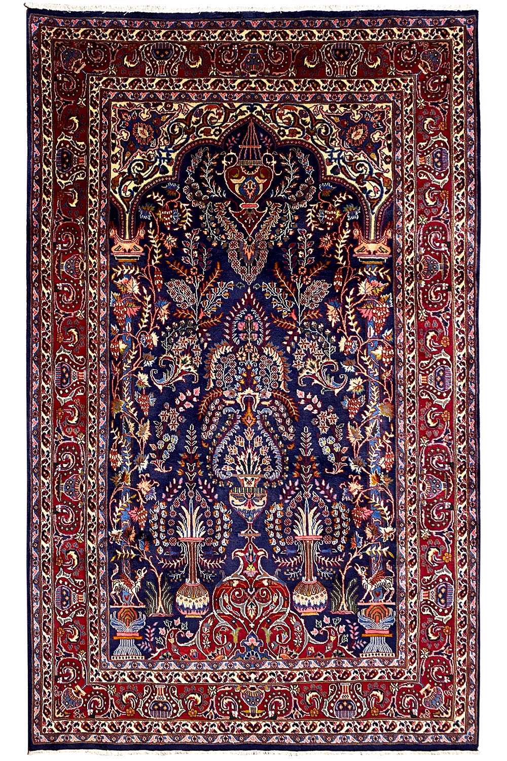 Rectangular Khorasan Oriental rug with an ornamental pattern in dark blue, red, and gold
