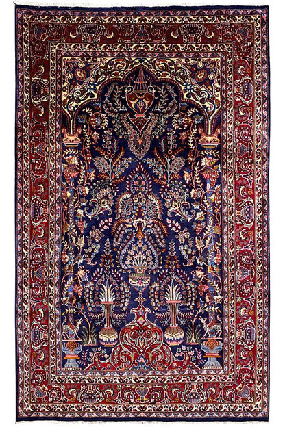 Rectangular Khorasan Oriental rug with an ornamental pattern in dark blue, red, and gold