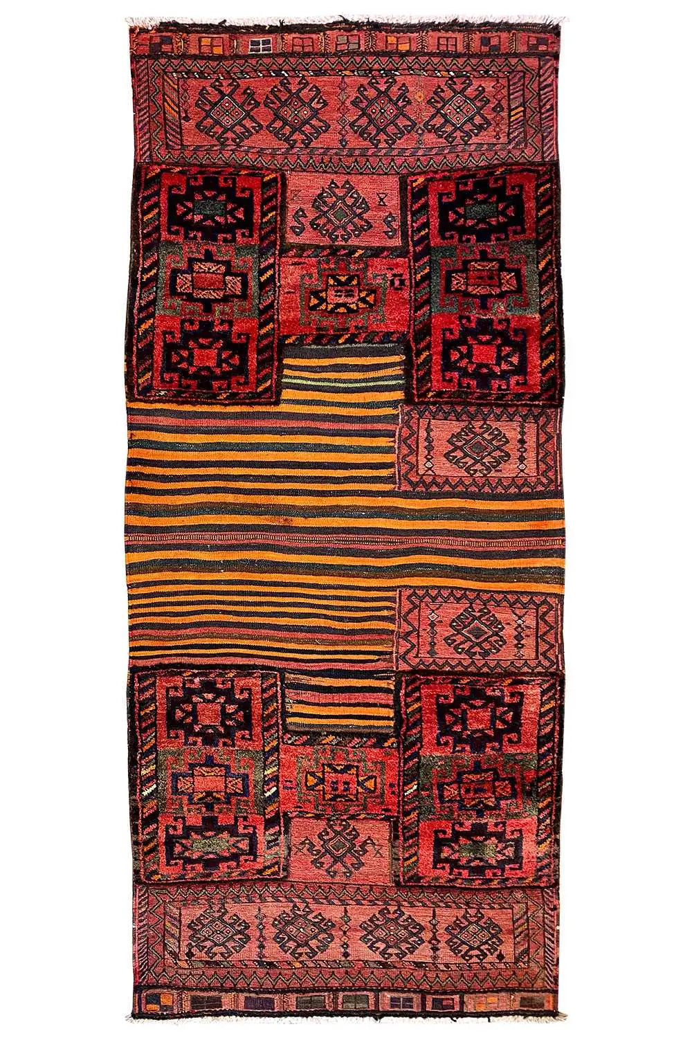 Rectangular kilim rug with central patchwork motifs in red and a yellow-striped central section