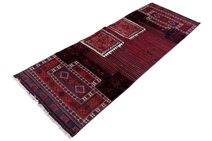 Bakhtiari rug 269x90 cm, red-and-black pattern with borders and fringes