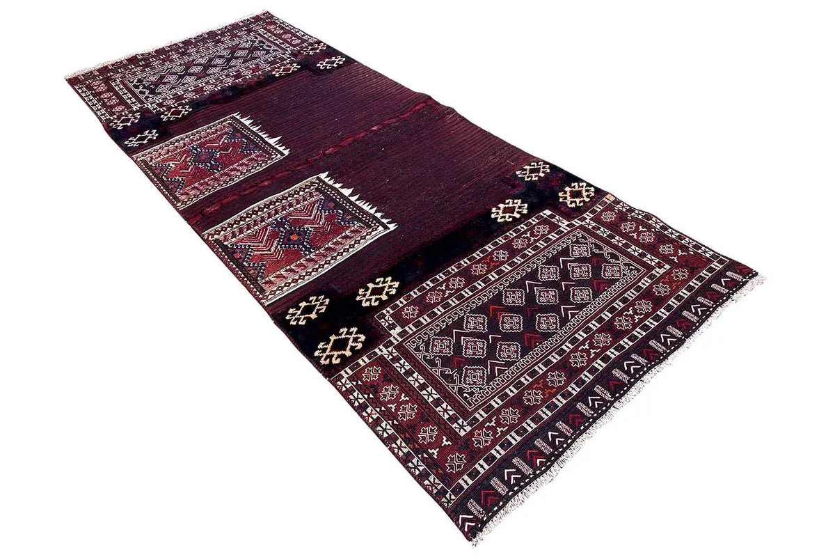 Kelim Bakhtiari rug: wide border with geometric medallions, burgundy and dark blue.