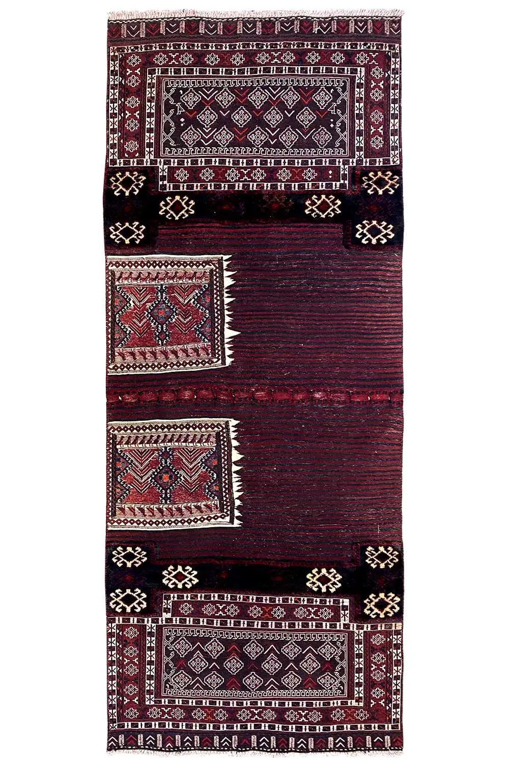 Kelim Bakhtiari rug: vertical field with medallions, stripes, and geometric ornaments.