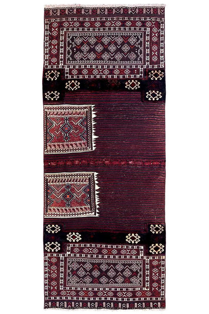 Kelim Bakhtiari rug: vertical field with medallions, stripes, and geometric ornaments.