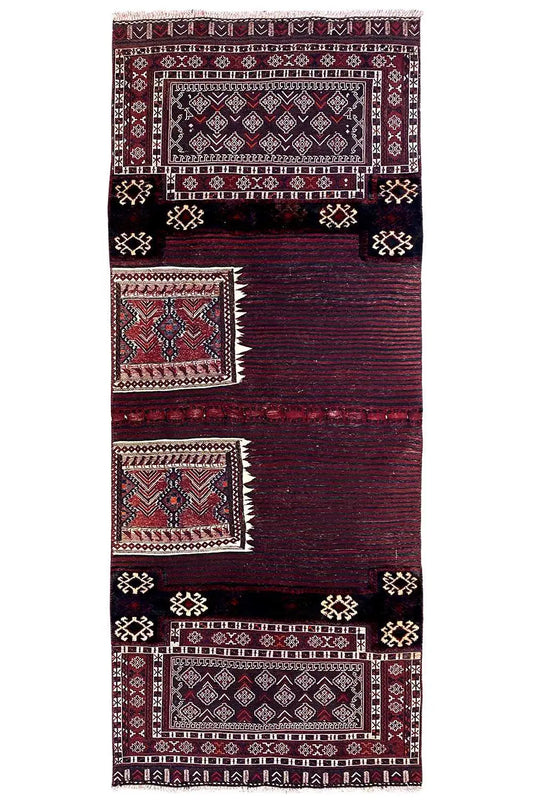 Kelim Bakhtiari rug: vertical field with medallions, stripes, and geometric ornaments.