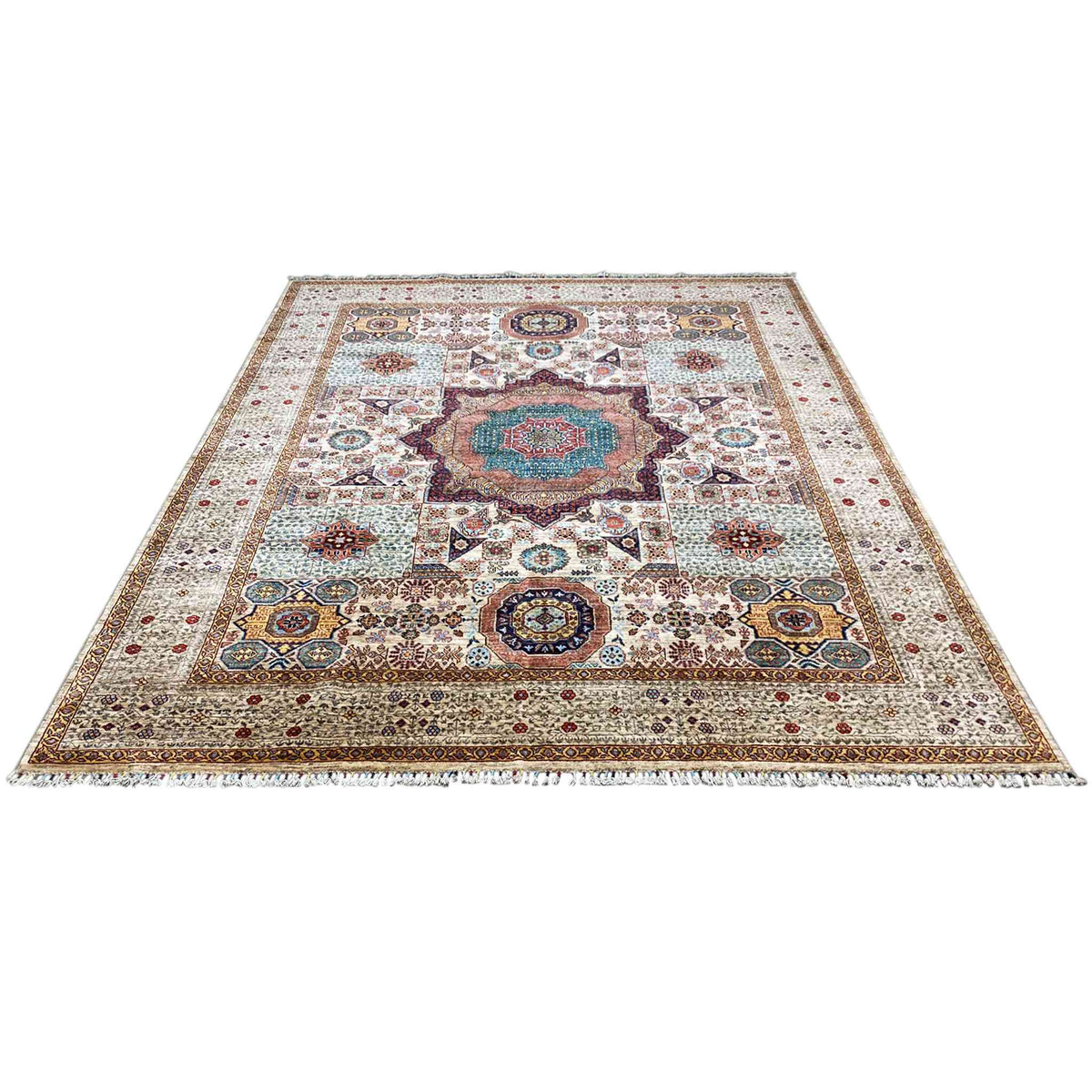 Beige wool rug with a central medallion, ornaments, and a colorful border