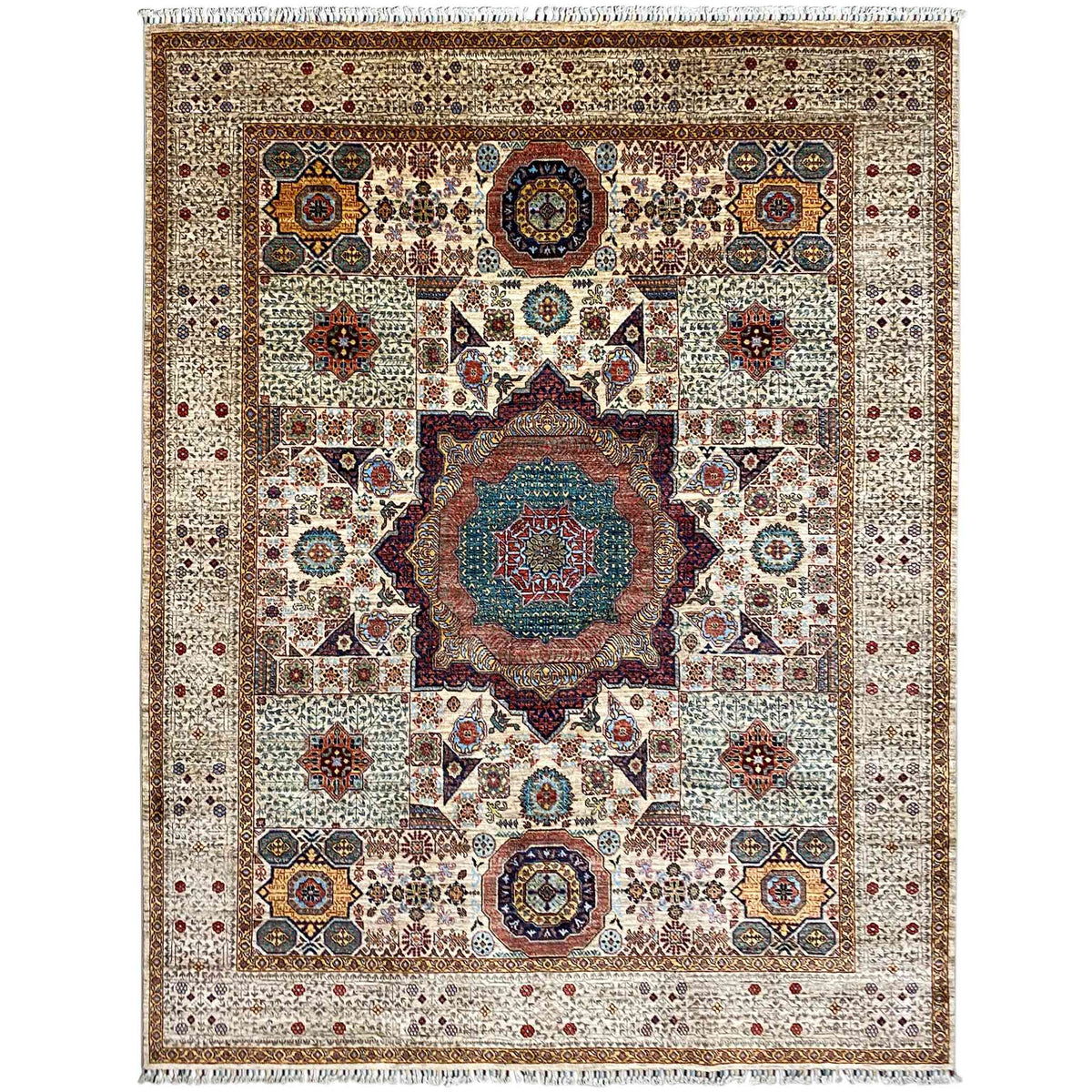 Beige hand-knotted wool rug with a geometric medallion pattern and colorful accents