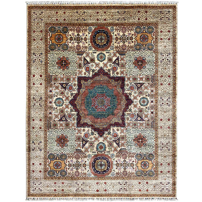 Beige hand-knotted wool rug with a geometric medallion pattern and colorful accents