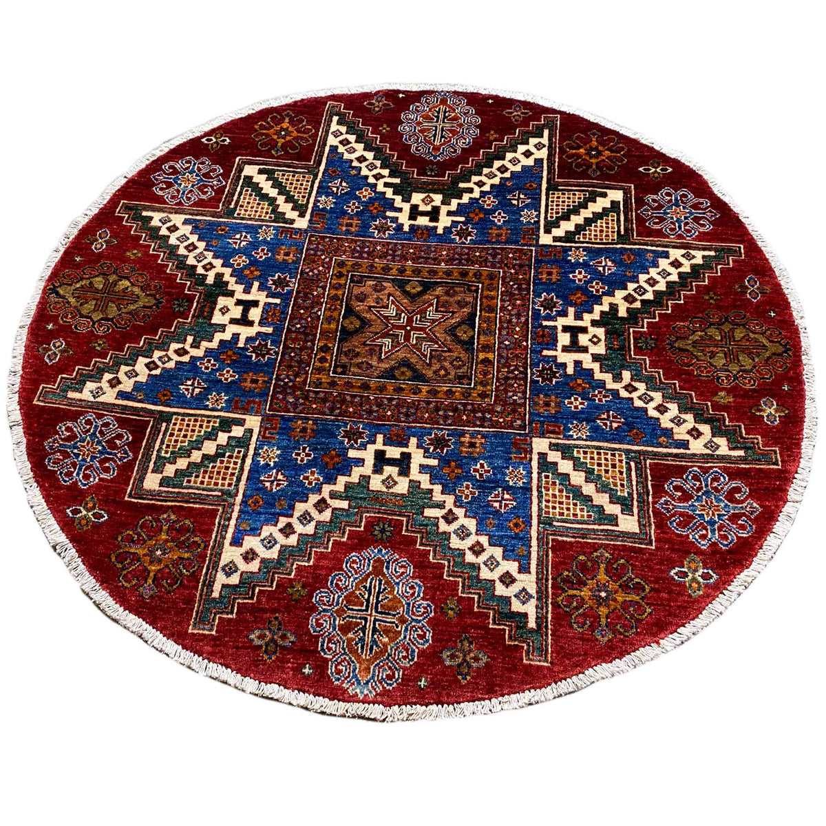 Round rug with a red background and blue ornamental pattern, white border