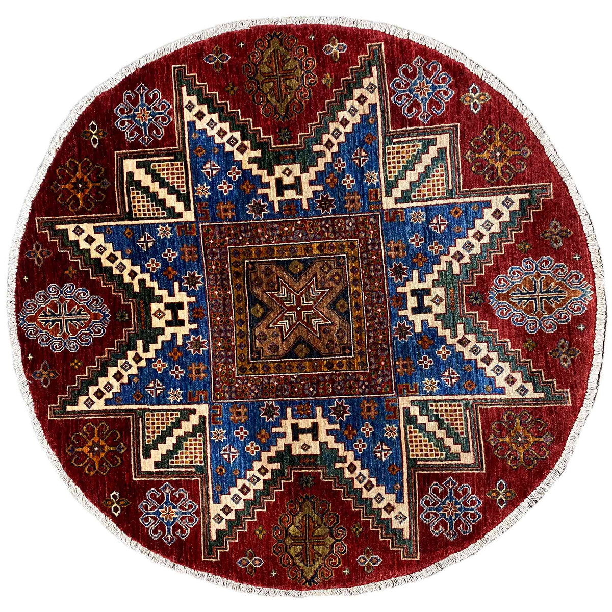 Round wool khorjin rug with a red background and blue-patterned ornamental medallion