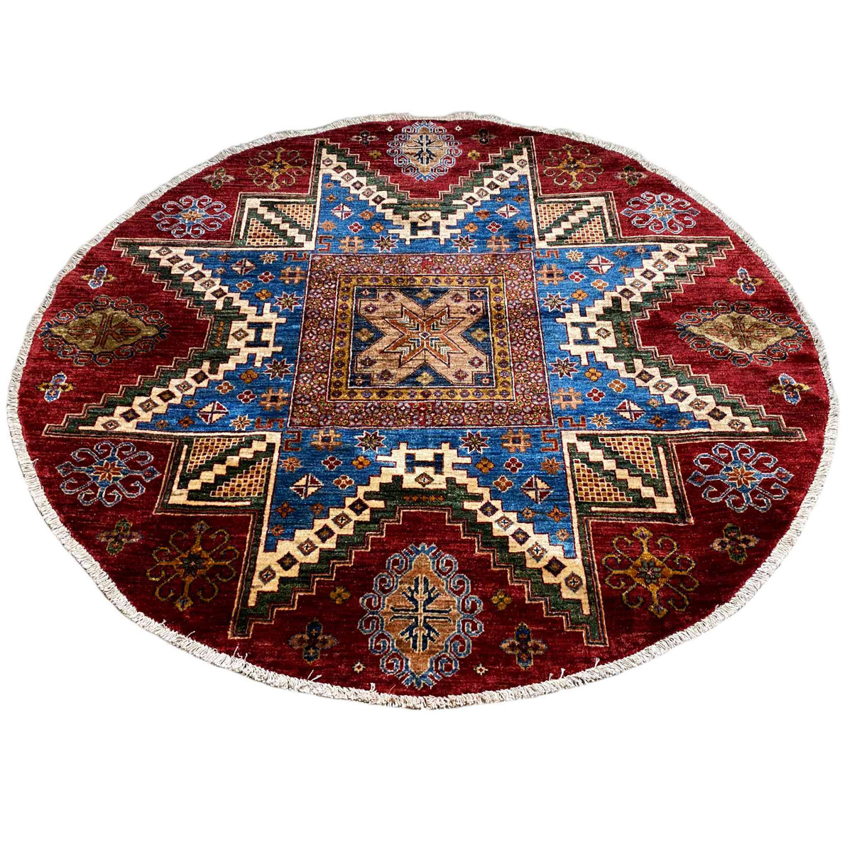 Round Khorjin rug with a blue cross star and red border motifs