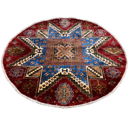 Round Khorjin rug with a blue cross star and red border motifs