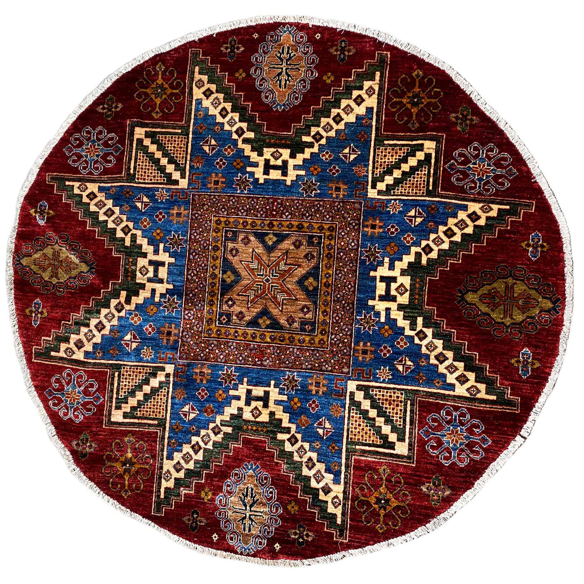 Round Khorjin rug with a red background and blue-brown ornament, 180x180 cm