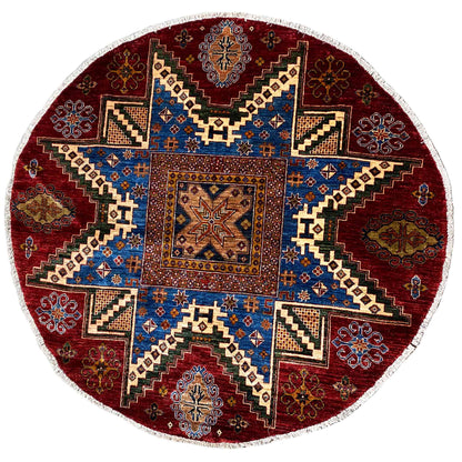 Round Khorjin rug with a red background and blue-brown ornament, 180x180 cm