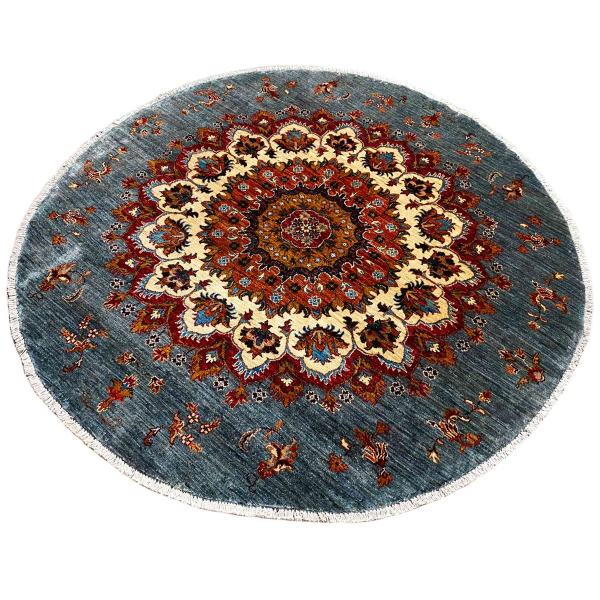 Circular Khorjin rug with a red central ornament on a blue-gray background