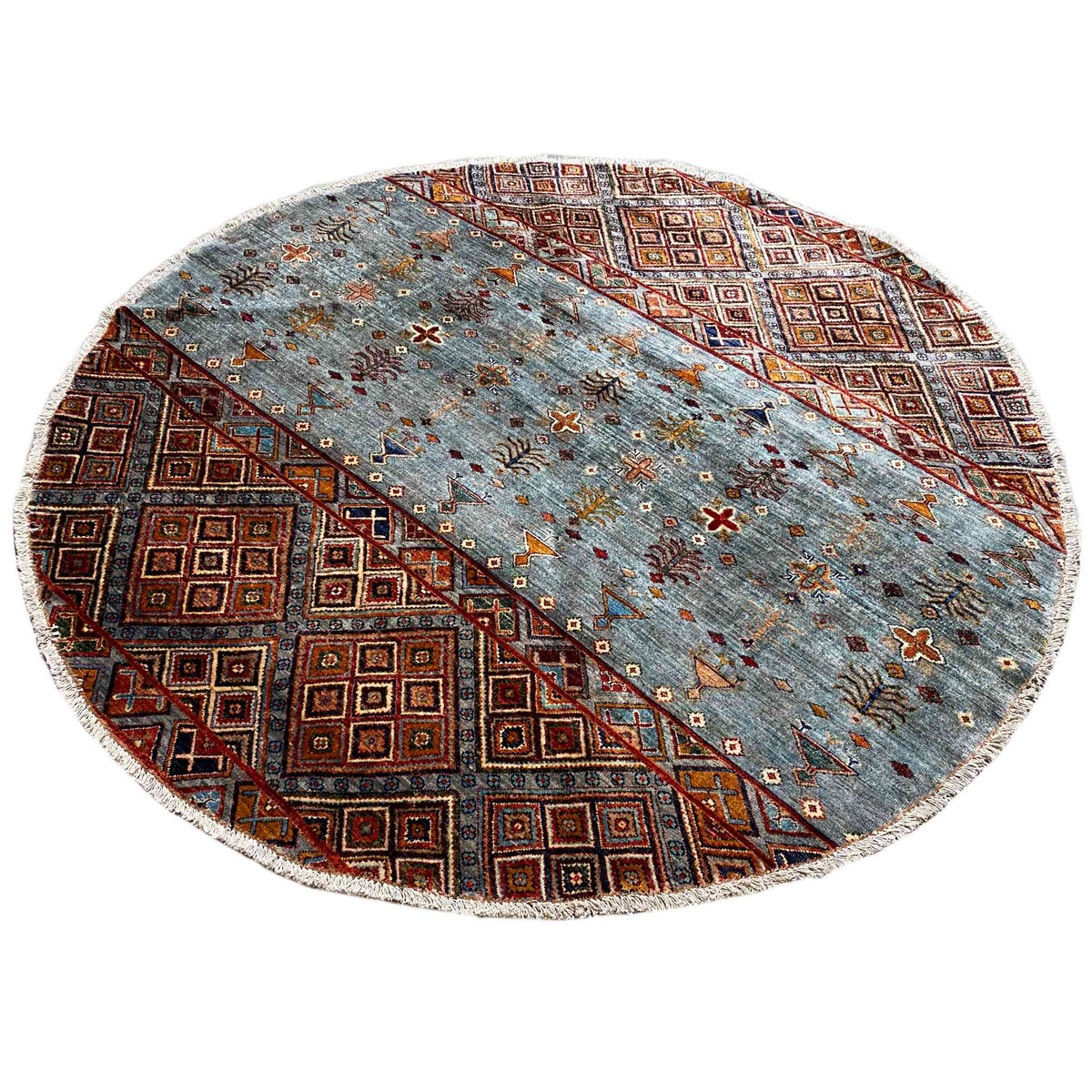 Round wool rug, hand-knotted, gray-blue with a geometric pattern in brown and orange