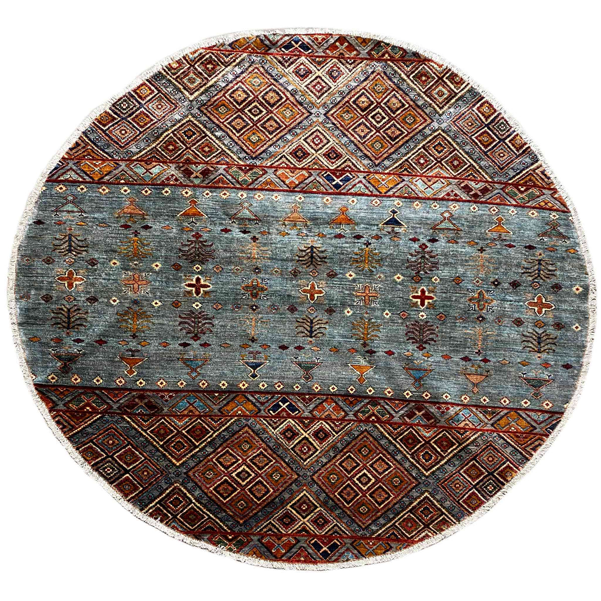 Round hand-knotted wool rug with an ornamental pattern in blue, brown, and beige, approx. 198 cm