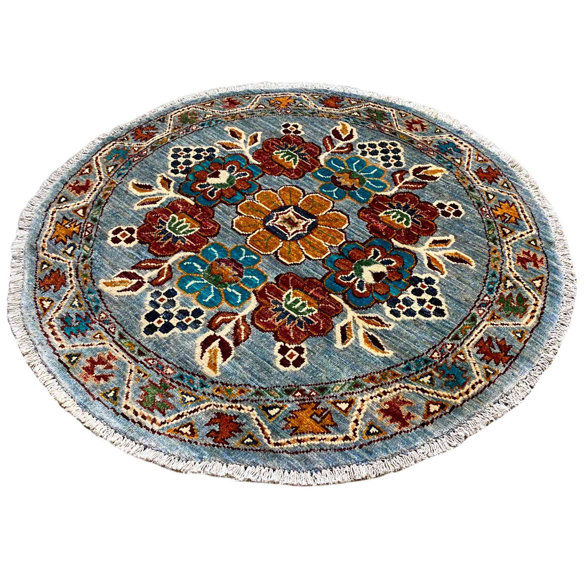 Khorjin round wool rug with a blue background and colorful flowers, central medallion frame