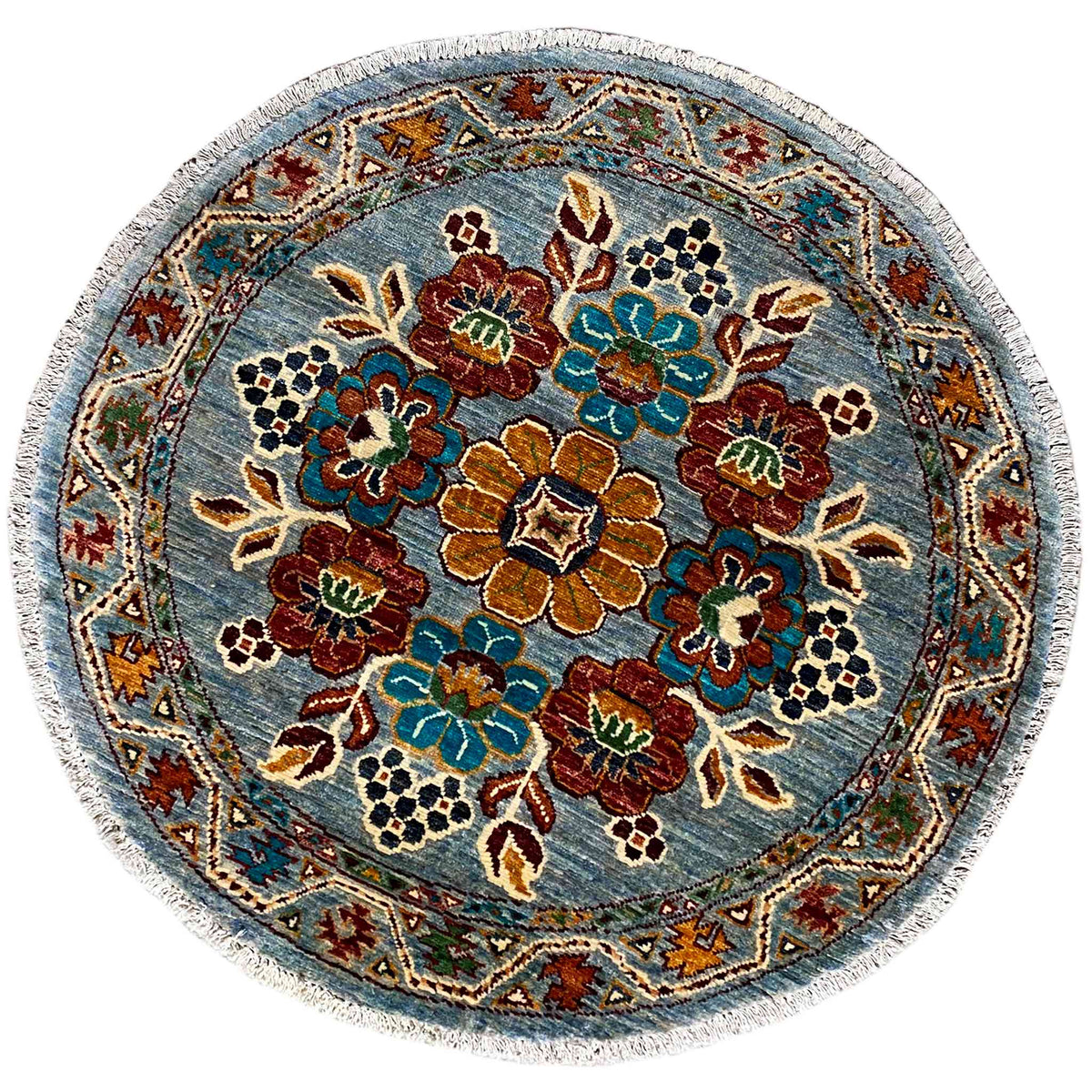 Round khorjin wool rug: blue floral pattern with colorful ornaments and decorative border