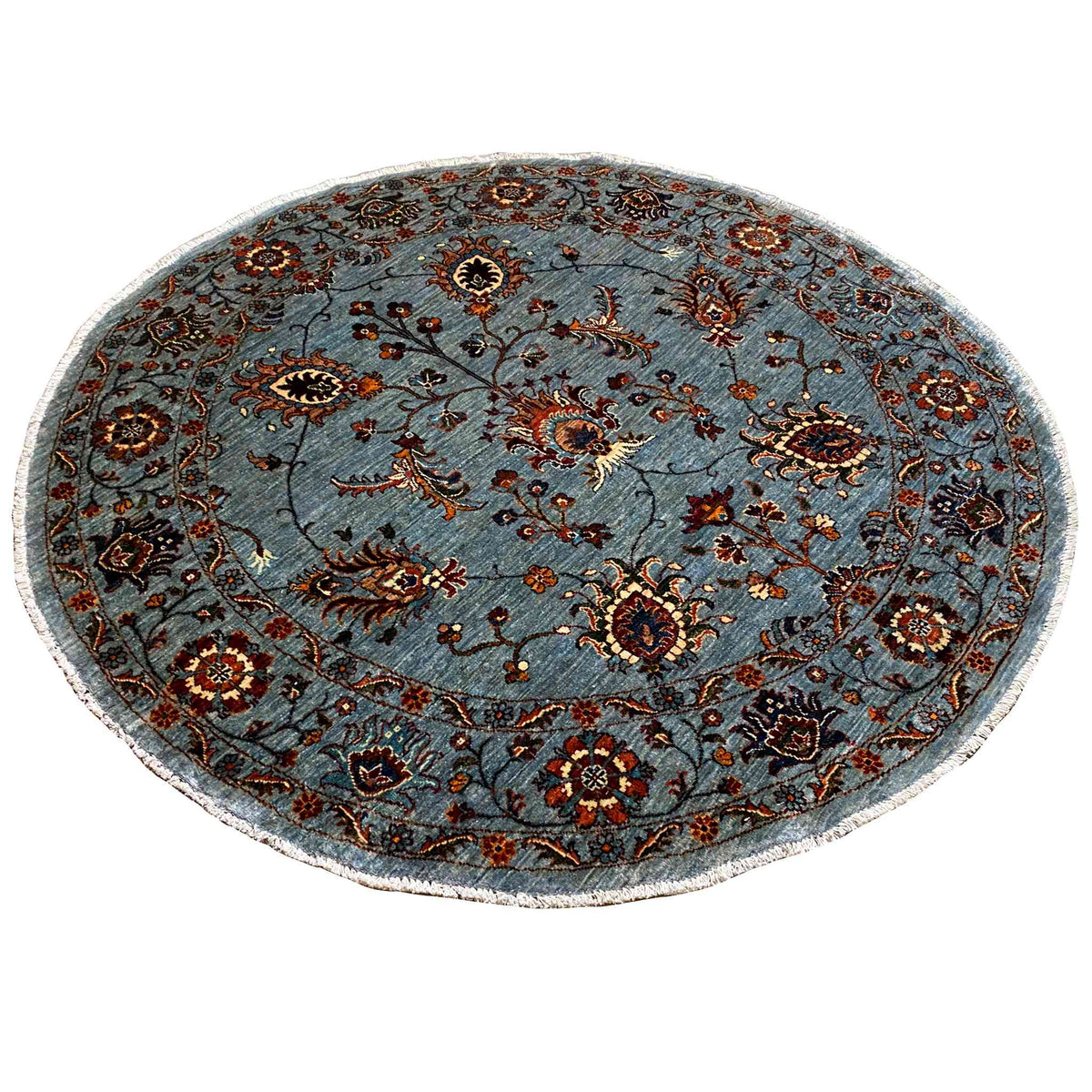 Hand-knotted round Khorjin rug, blue-gray background with multicolored medallions