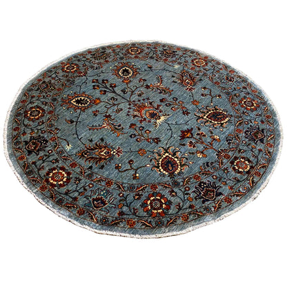 Hand-knotted round Khorjin rug, blue-gray background with multicolored medallions