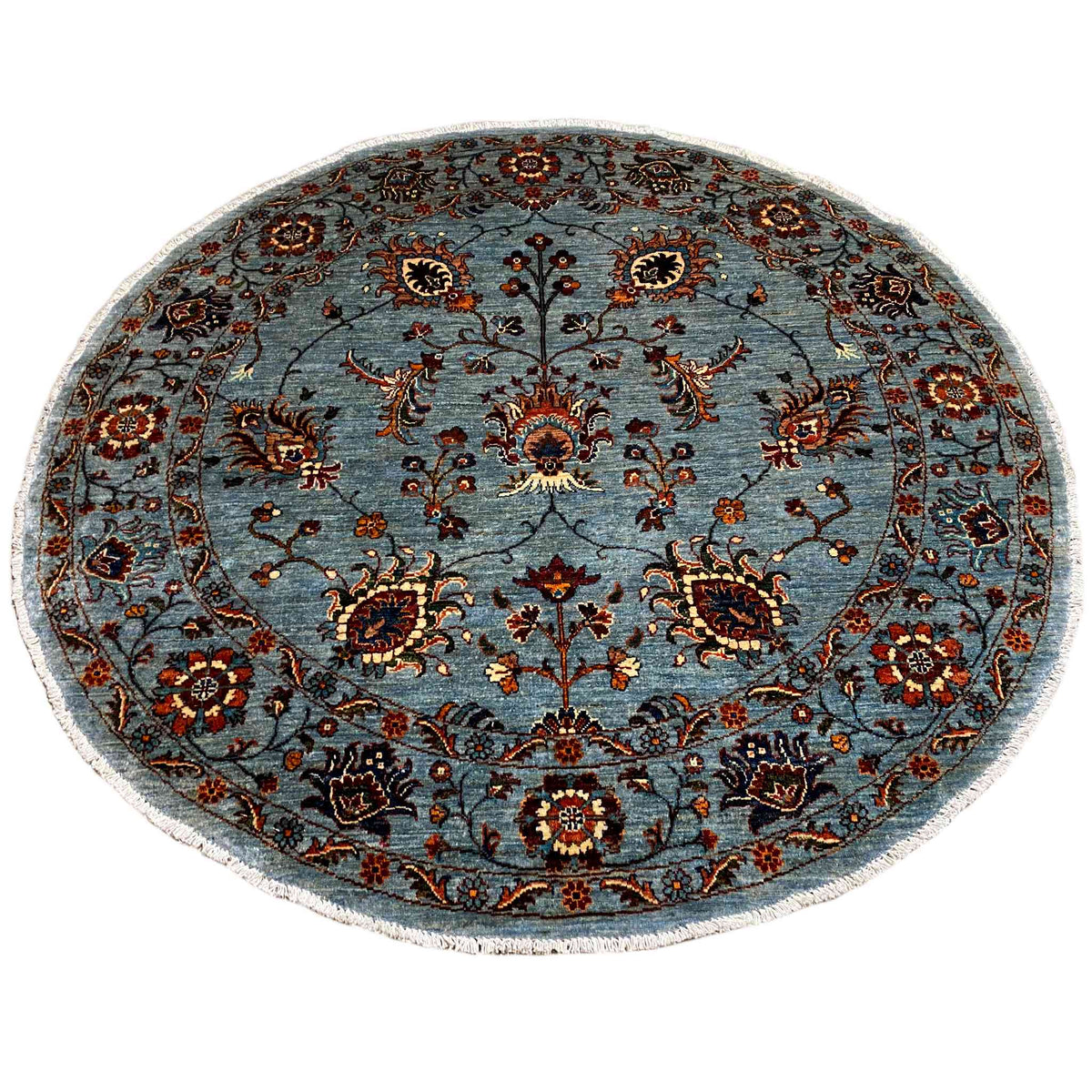 Hand-knotted round Khorjin rug, stylized flowers and vines in brown, red, and ochre