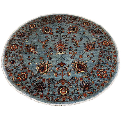 Hand-knotted round Khorjin rug, stylized flowers and vines in brown, red, and ochre