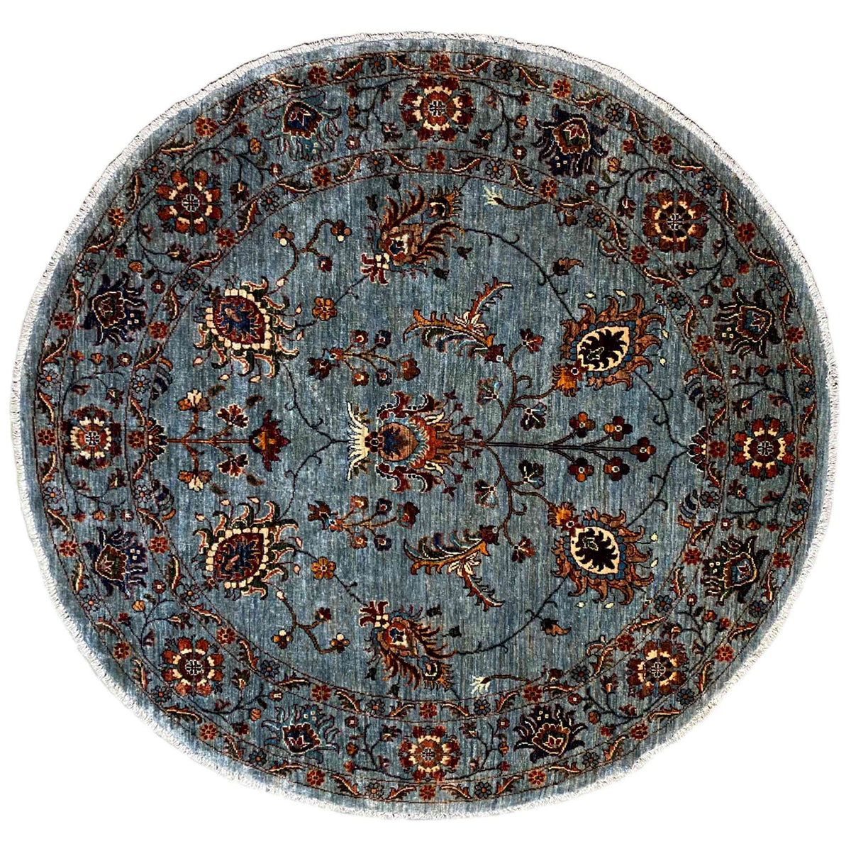 Hand-knotted round Khorjin rug, blue-gray ground with floral pattern details