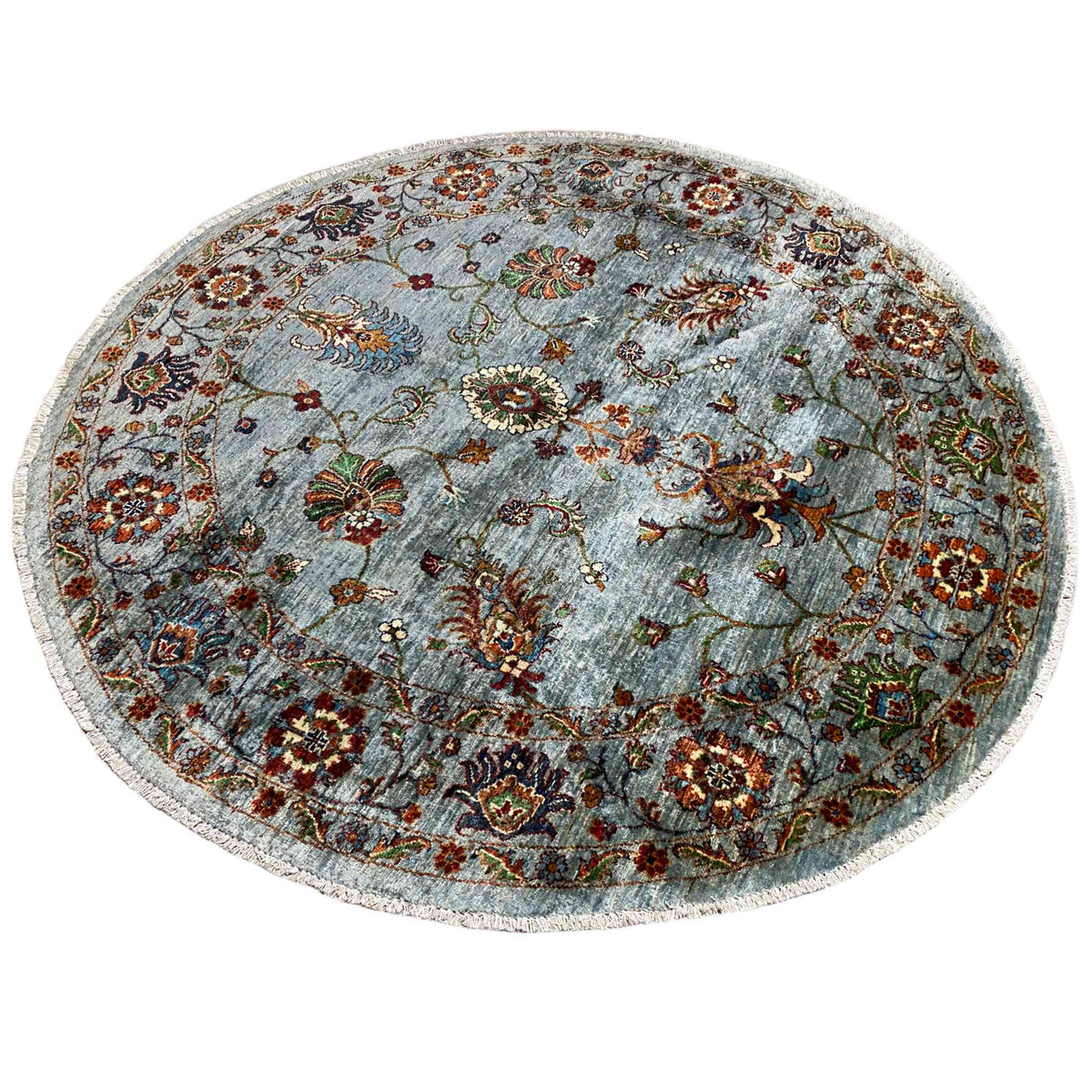 Round Khorjin wool rug in light blue-gray with medallion and floral ornaments