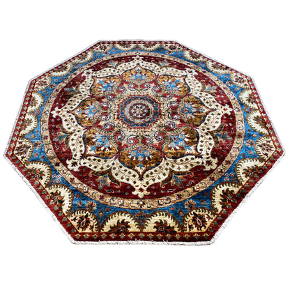 Octagonal rug with a central medallion, floral ornaments, and a wide border pattern