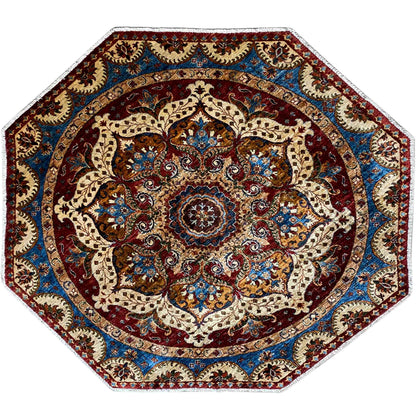 Octagonal rug with an ornamental medallion design in red, blue, and beige