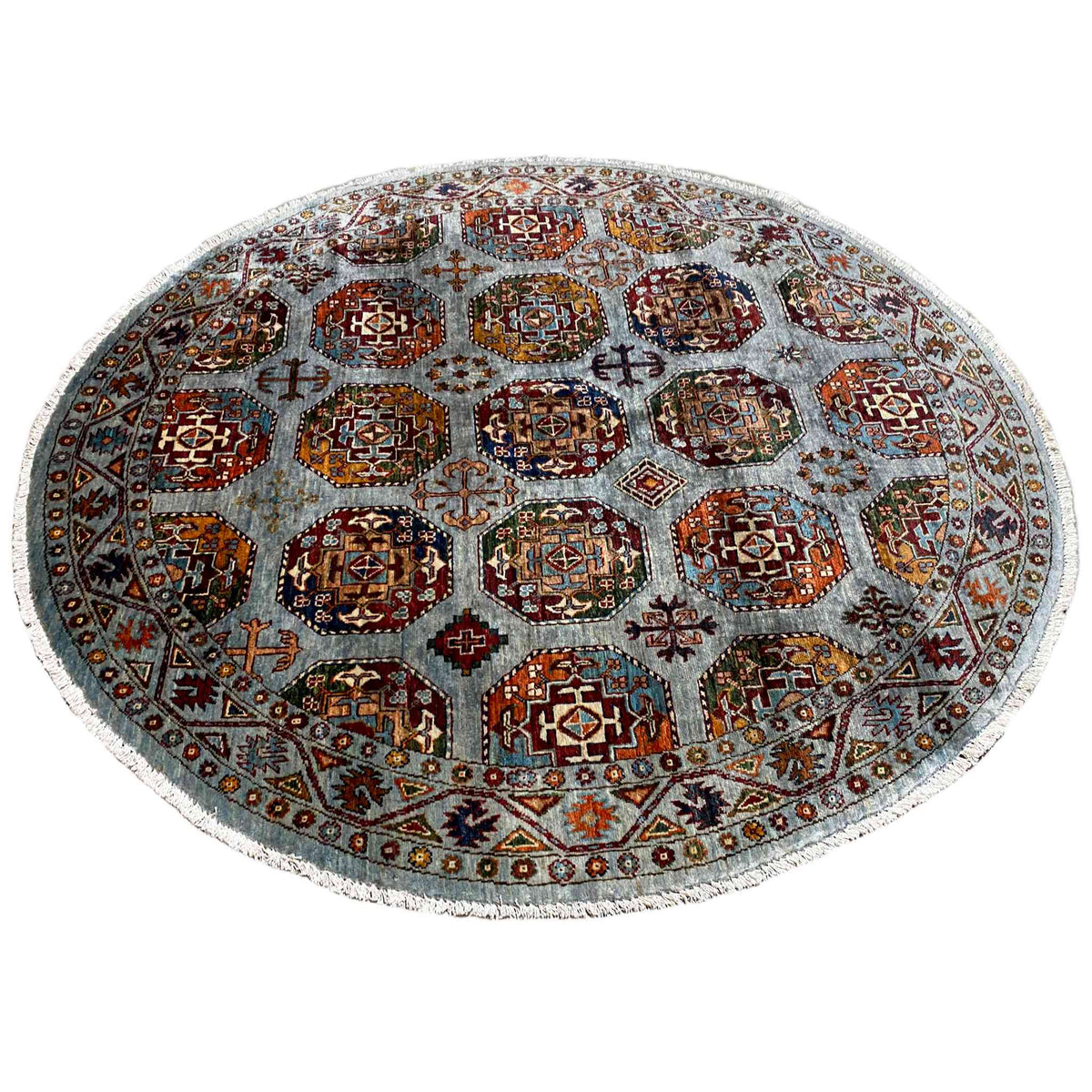 Round rug with medallions and decorative border, multicolored on a gray-blue background