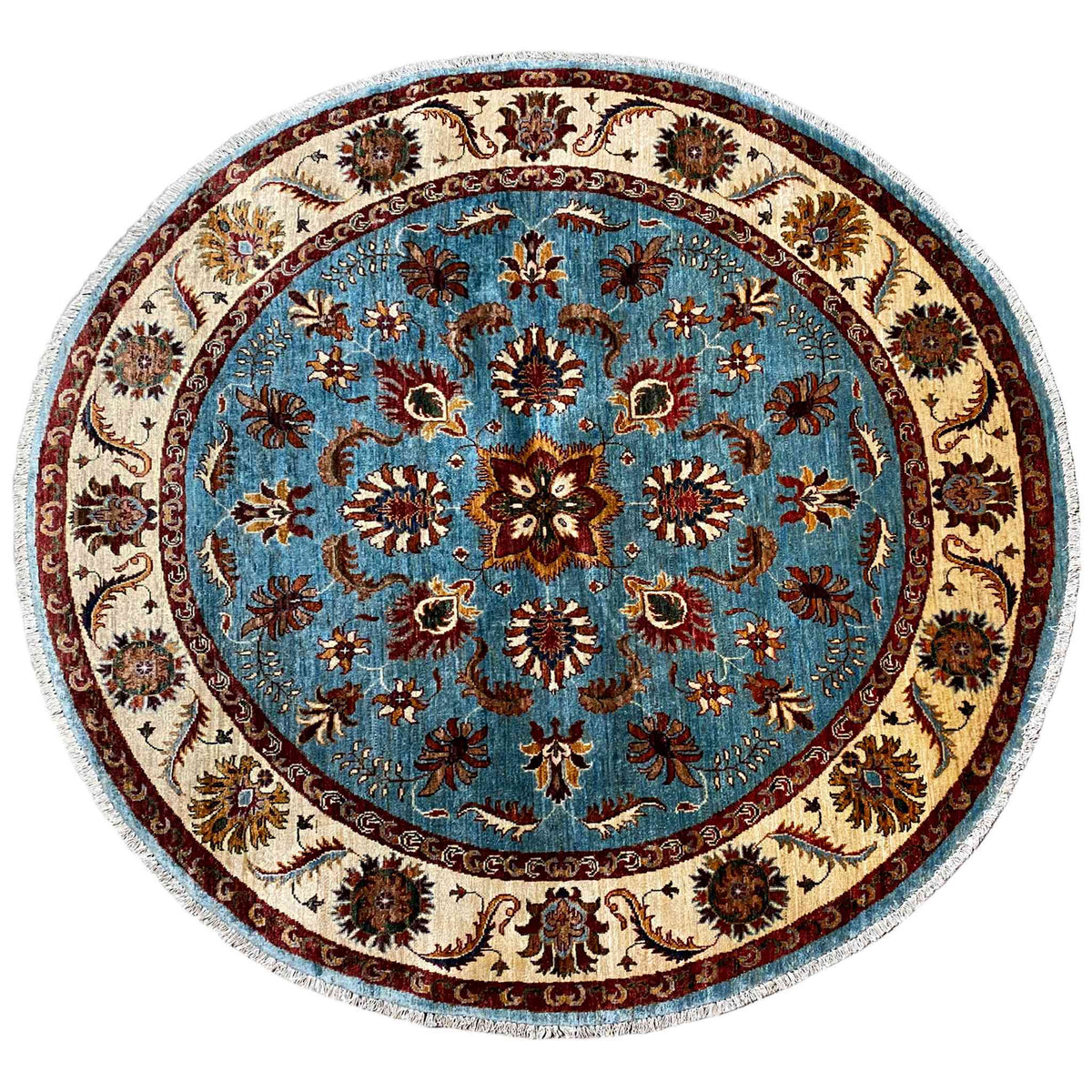 Round hand-knotted Khorjin rug with a blue medallion and richly decorated border