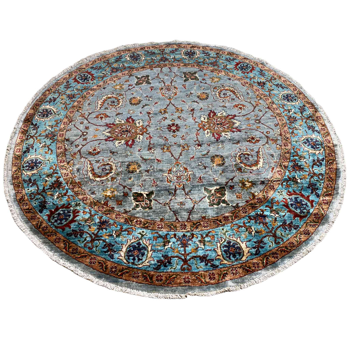 Round wool rug with a gray pile pattern, turquoise-blue border, and floral medallions