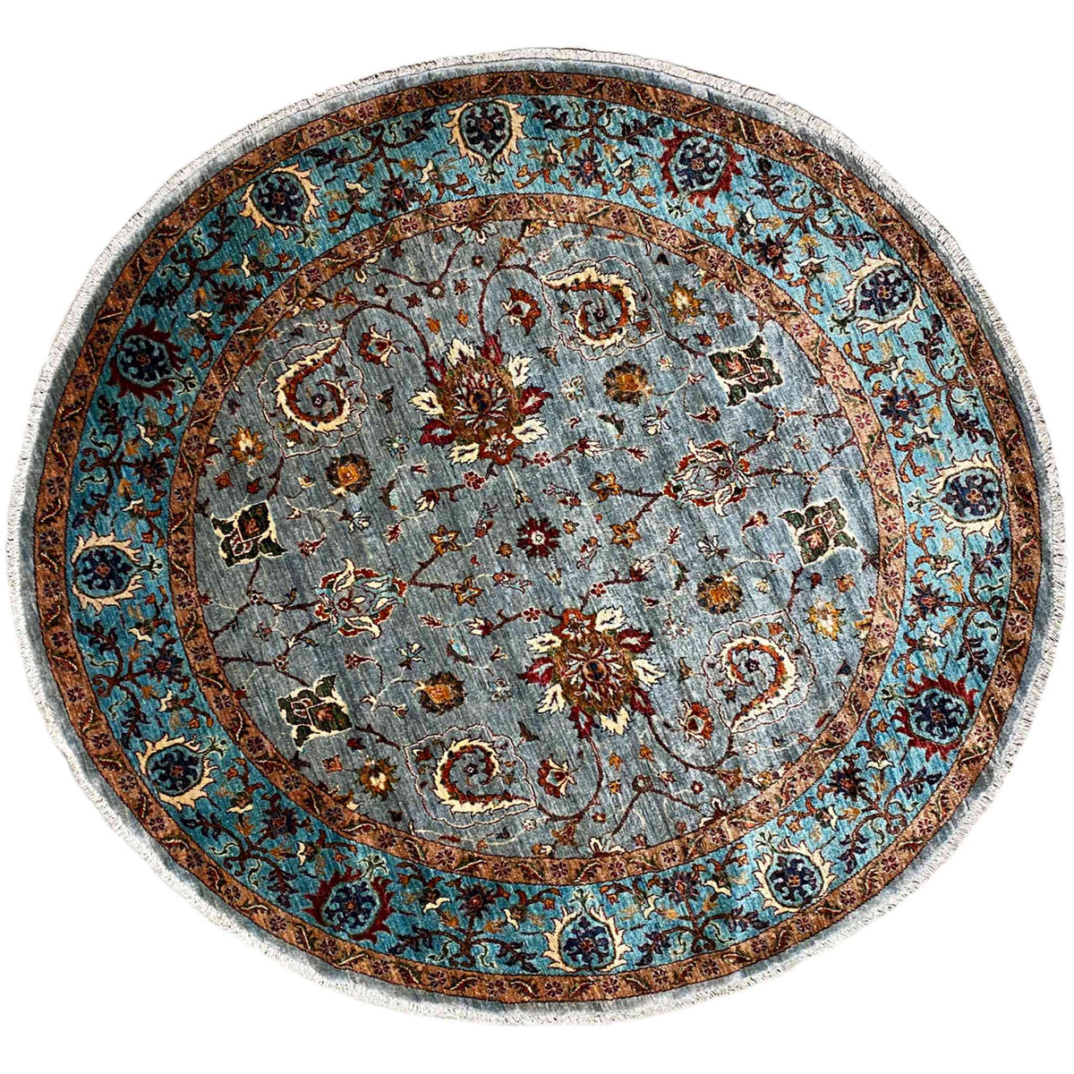 Round wool rug with a blue-gray ornamental pattern and brown border, 207x205 cm