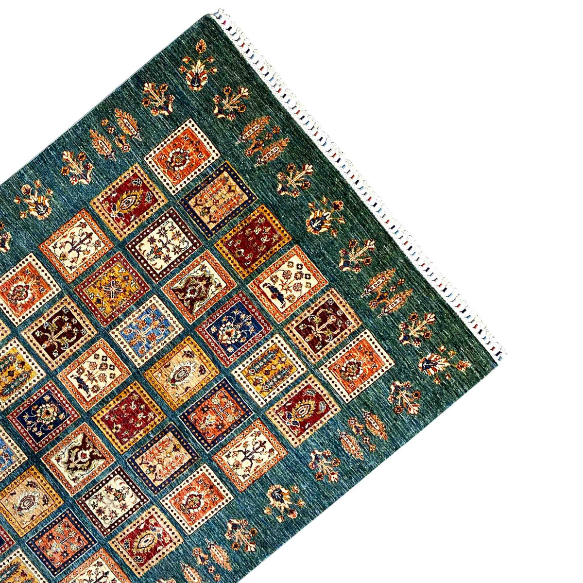 Teal-blue carpet with a square pattern and decorative side border, multicolored details, fringes